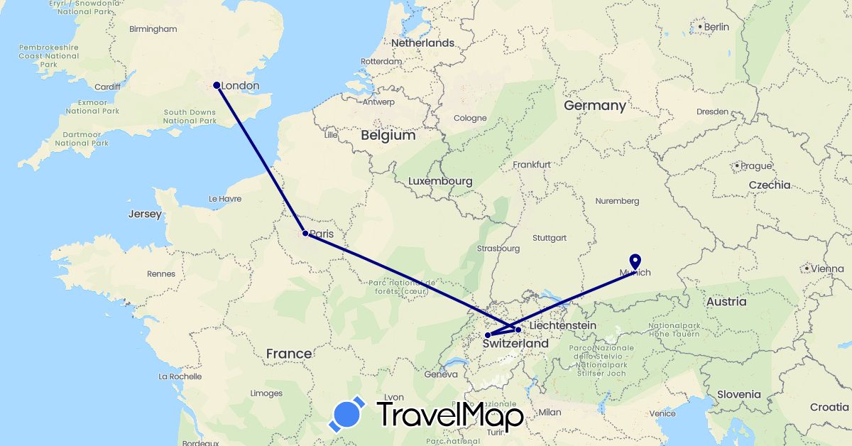 TravelMap itinerary: driving in Switzerland, Germany, France, United Kingdom (Europe)